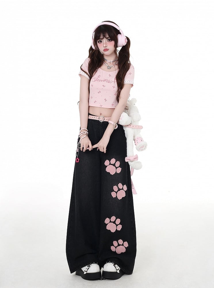 Taille Straight-Leg Jeans Rosa Pfotenstickerei Schwarz Niedrig