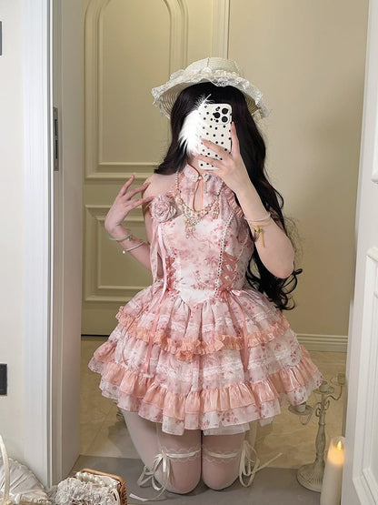 Qipao-Style Floral Halter Details Pattern with Lace Pink Dress Button Lolita Sweet Neck