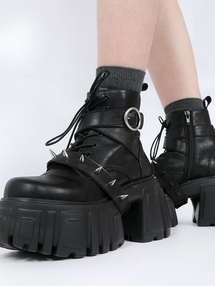 Stiefel Rock Ankle Plateau Schwarz Blockabsatz Punk -