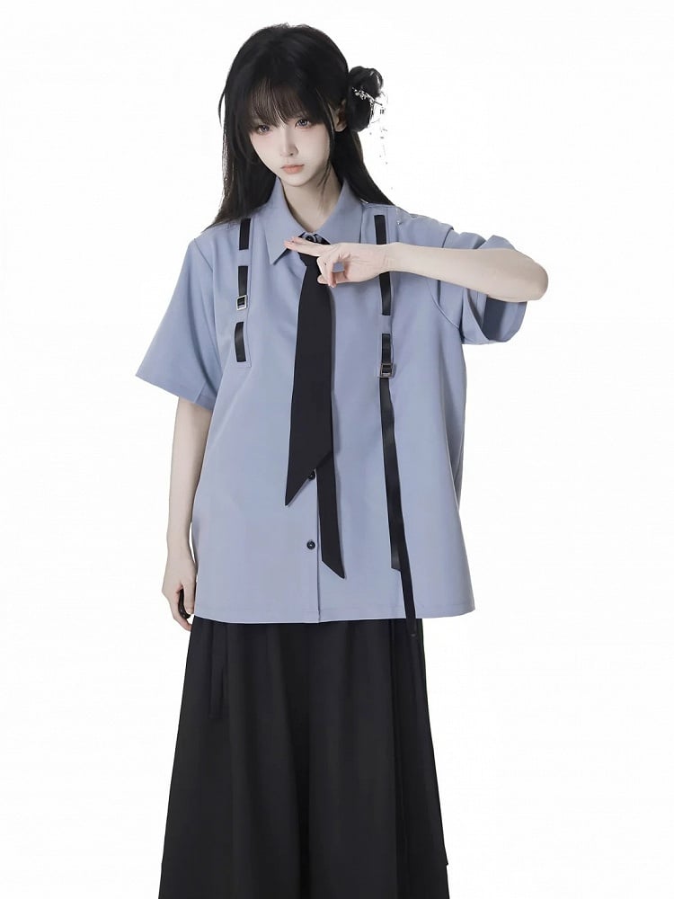 Stil Blau Preppy Krawatte Kurzarm Hemd mit Gratis