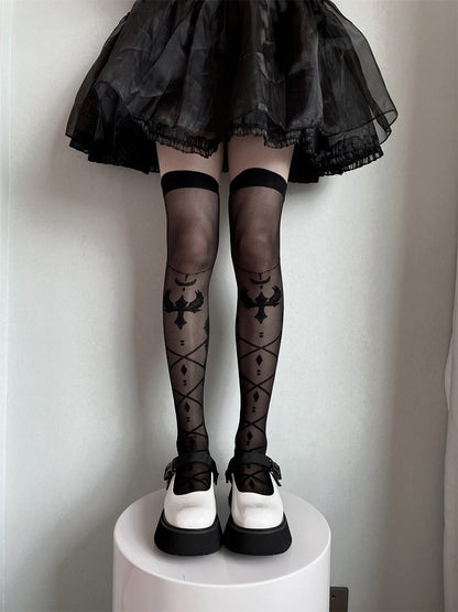 White/Black Bow Semi-sheer Cross and Wing Over Knee Stockings