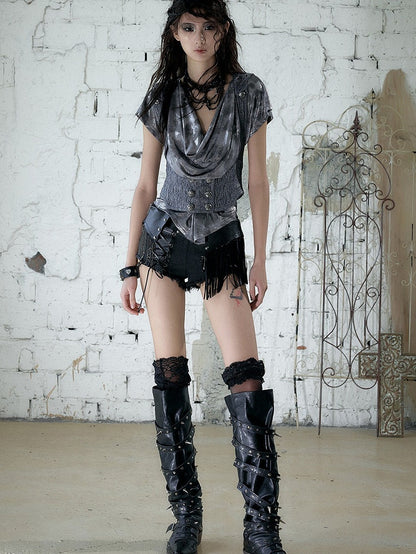 Punk Black Denim Shorts with Leather Panels & Chains - NO ROMANCE