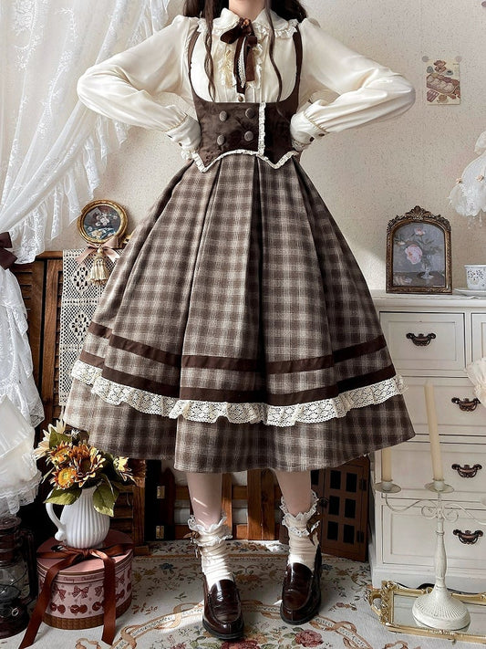 Braunes Lolita-Kleid mit Karomuster unter der Brust, Lolita-Pulloverrock