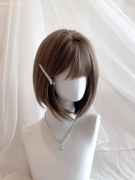 Short 30CM Full Straight Bangs with Brown Wig
