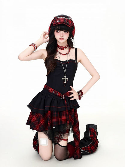 Asymmetrical Hem Camisole Dress in Red Black Plaid - CRAZY GIRL
