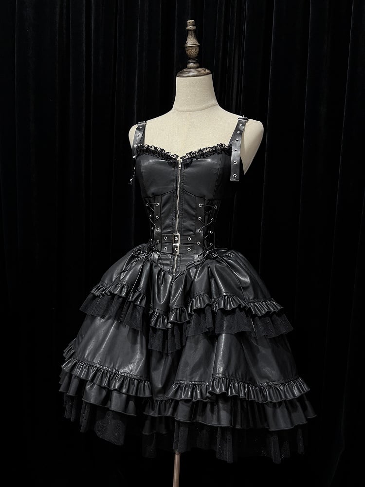 Punk Lolita Strap-Shoulder Dress with Sweetheart Neckline Basque Waist and Shimmering Tulle Hemline - DevilInspired Exclusive Collection