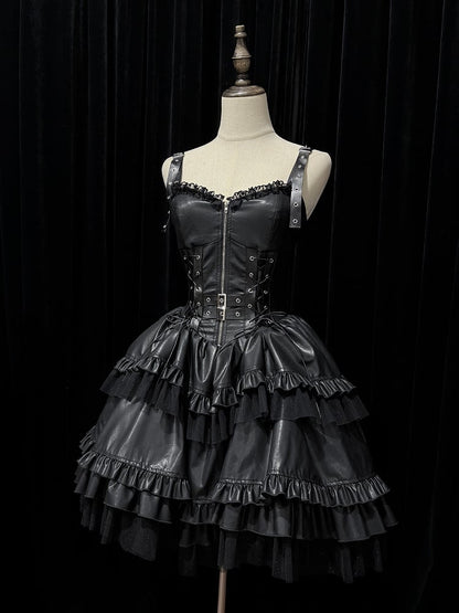 Punk Lolita Strap-Shoulder Dress with Sweetheart Neckline Basque Waist and Shimmering Tulle Hemline - DevilInspired Exclusive Collection