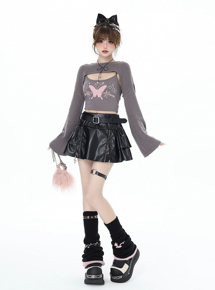 Gray Knit Bolero with Butterfly Print Camisole Ensemble - CRAZY GIRL