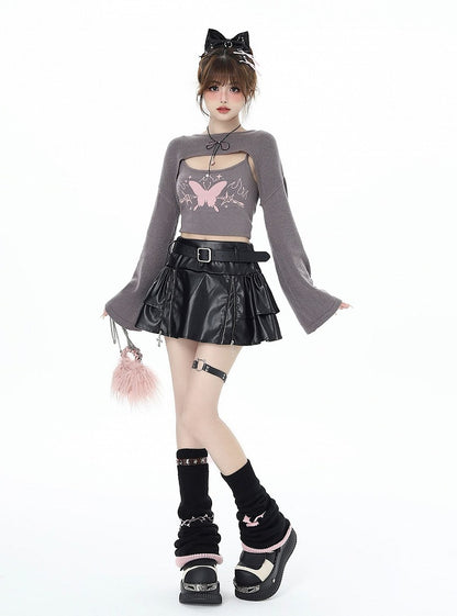 Gray Knit Bolero with Butterfly Print Camisole Ensemble - CRAZY GIRL