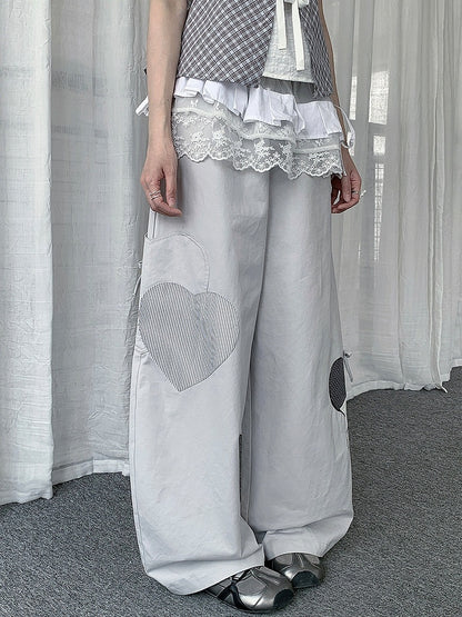 Casual Gray Curved Wide Leg Pants with Star and Heart Pattern - Solkatt