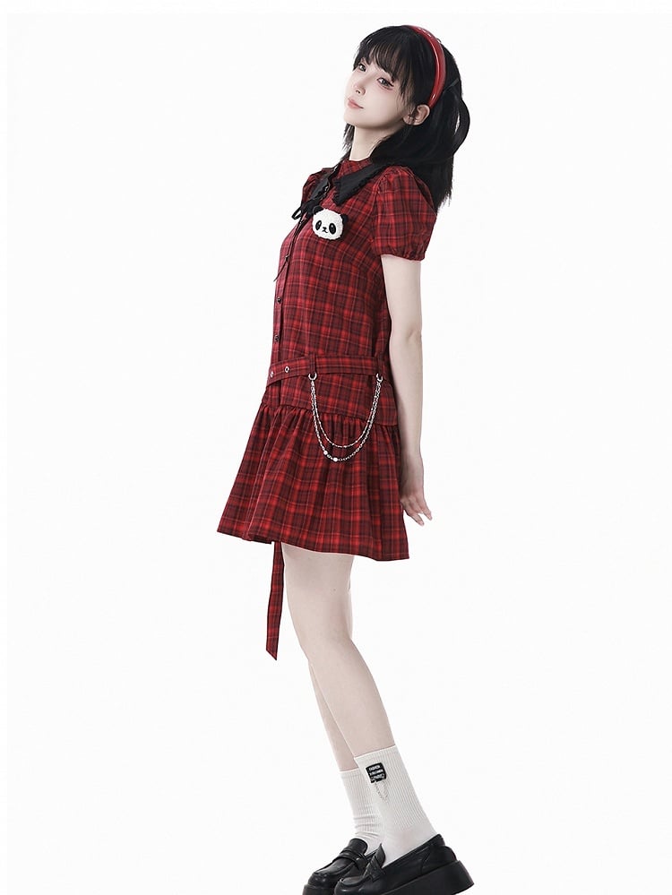 Buckle Plushie and Belt with Panda Red  Black Puff Sleeves Plaid Dress