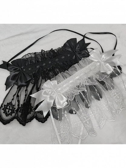 Gothic Bow Ribbon Hairband with Long Lace Trim - Dokisuru
