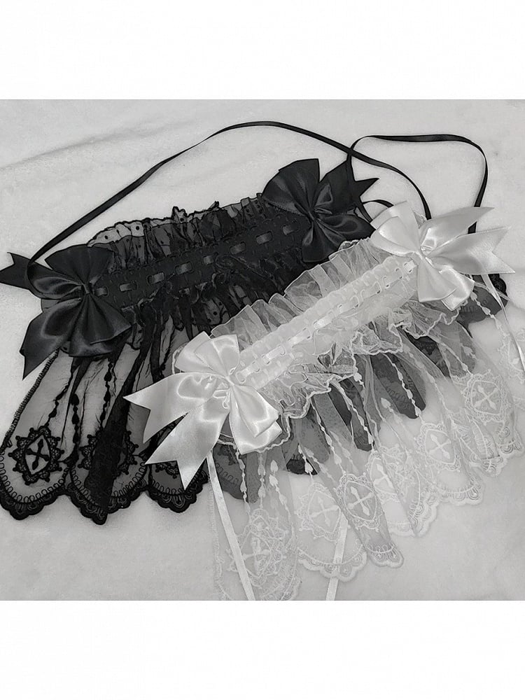 Dual-Tone Gothic Satin Bow Headband with Long Lace Trim - Dokisuru