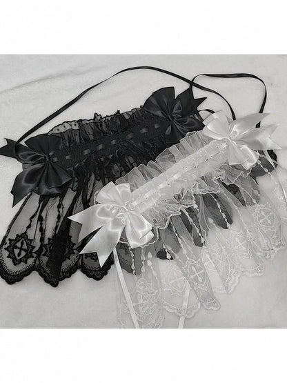 Dual-Tone Gothic Satin Bow Headband with Long Lace Trim - Dokisuru