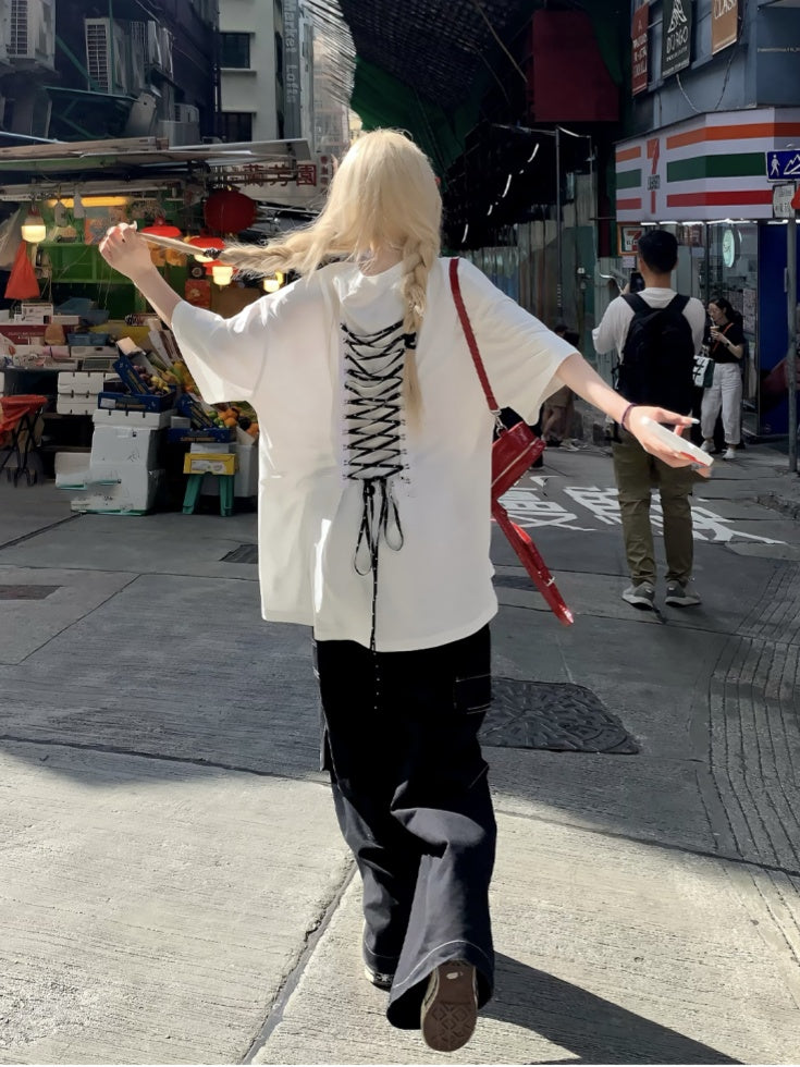 Back Lace-up T-shirt Neck White Version Round Long/Short