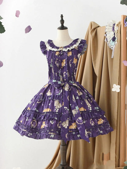 Modischer Lolita-Rock und Print, lila Hauspullover, traubenlanges Kleid, veränderbar, rosa Kätzchen