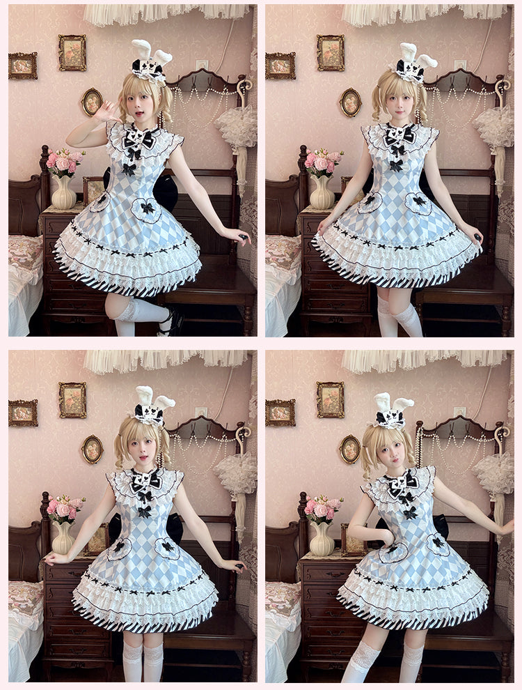 Wonderland Alice Blue Diamond Pattern Bunny Ears Hat Vibes in