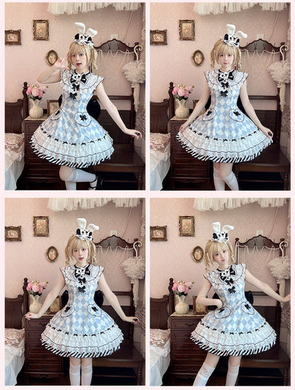 Wonderland Alice Blue Diamond Pattern Bunny Ears Hat Vibes in