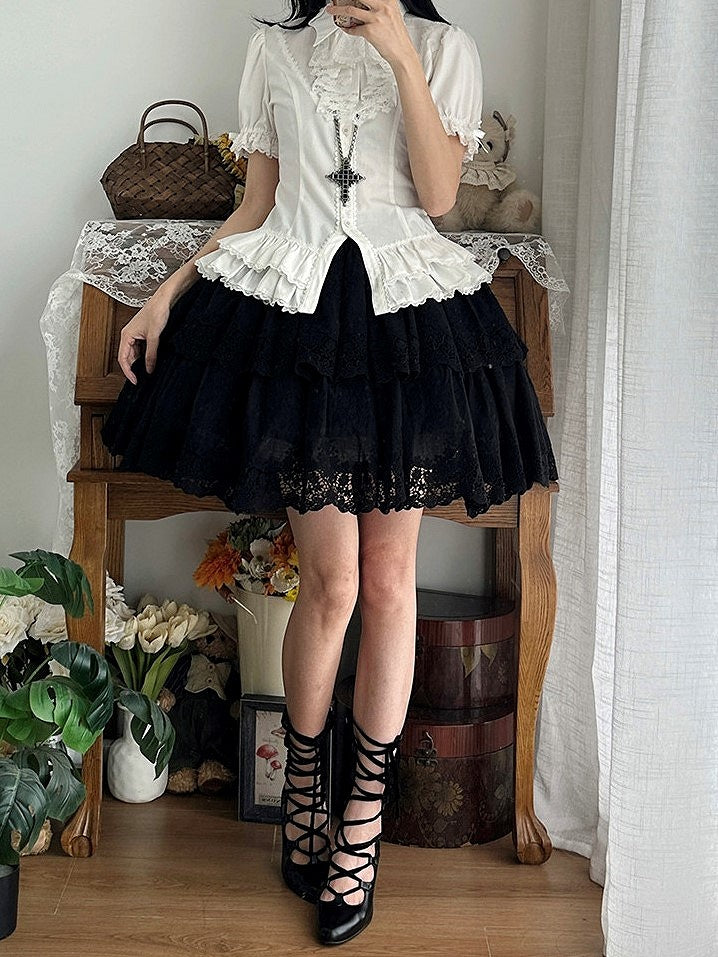 Elegant Black Multilayer Ruffled Floral Embroidery Skirt - Miss Point