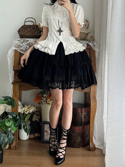 Elegant Black Multilayer Ruffled Floral Embroidery Skirt - Miss Point