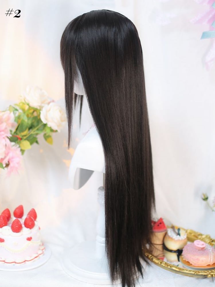Black Tea Under Bust Length Straight Wig with Full Bangs