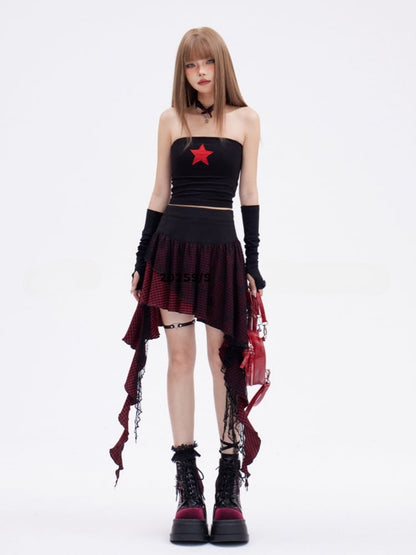 Glamorous Vintage Schwarzes, eng anliegendes Bustier-Top mit rotem Sternenmuster