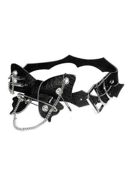 PU Details Black Accents Safety with Punk Chain Pin Studed Butterfly Choker