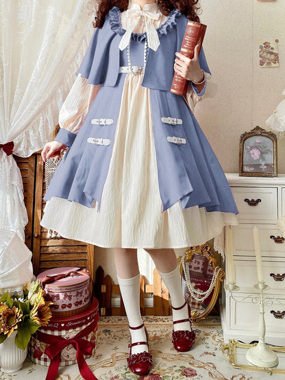Long Dress Sleeves Collar and Beige Banded Lolita Cape Blue Design
