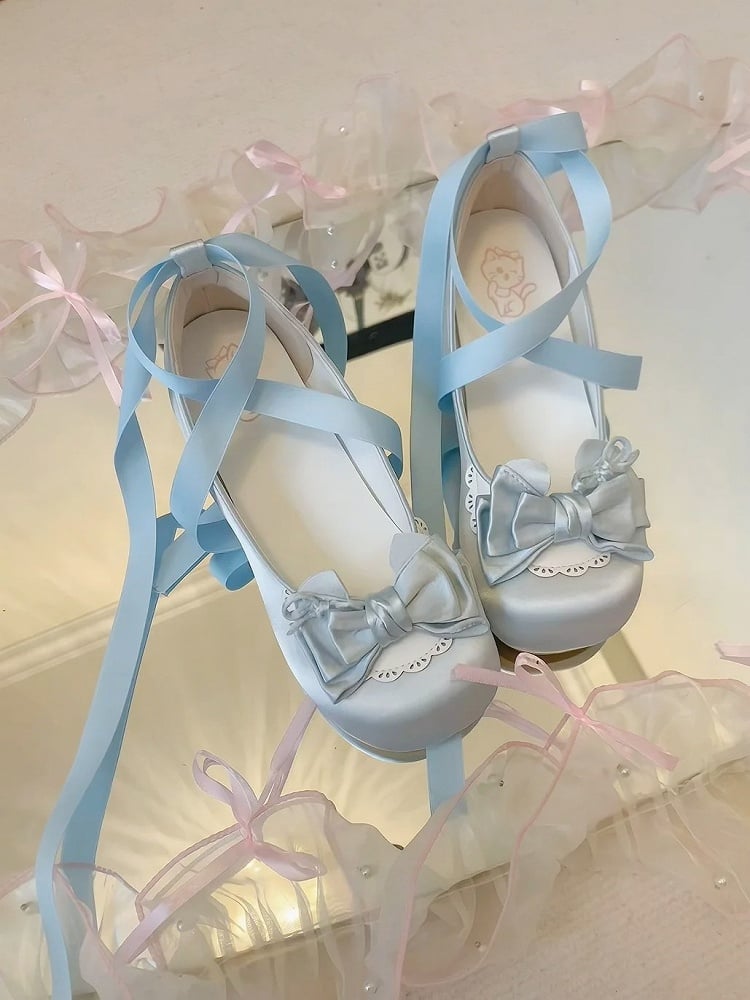 Satin Sweet Blue Round Toe Mary Janes - Detachable Ankle Strap with Scalloped Edge & Heart Snap