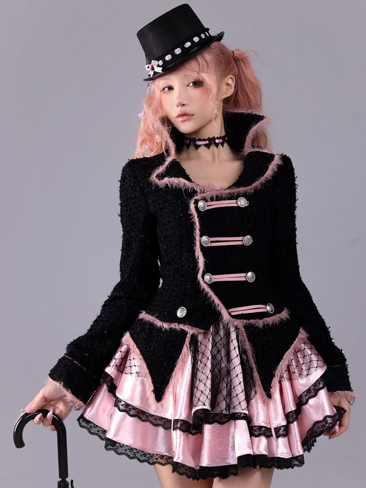 Black & Pink Hime Gyaru Baroque Embossed Boned Waist Tiered Dress