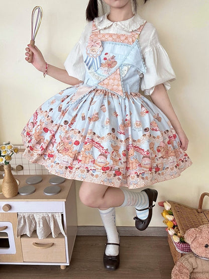 Blaues süßes Teddybär- und Dessert-Lolita-Overallkleid