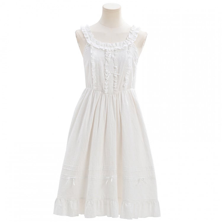 White Ruffled Trim Bow Detail Knee Length Sleeveless Dress