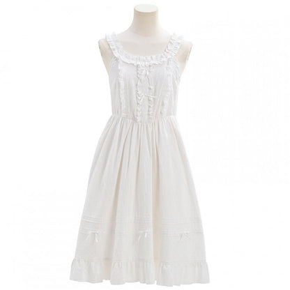 White Ruffled Trim Bow Detail Knee Length Sleeveless Dress