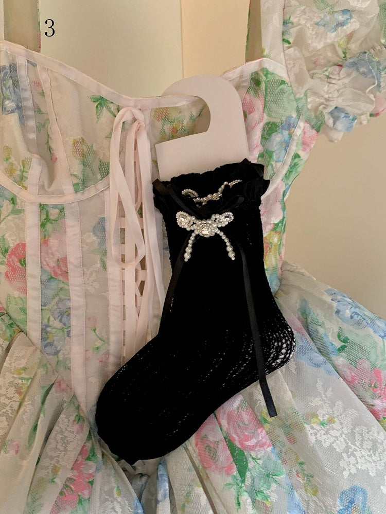 Spitzenbesatzsocken Weiß/Milchig Schleife Lolita Weiß/Schwarz/Rot/Lila/Grau/Braun