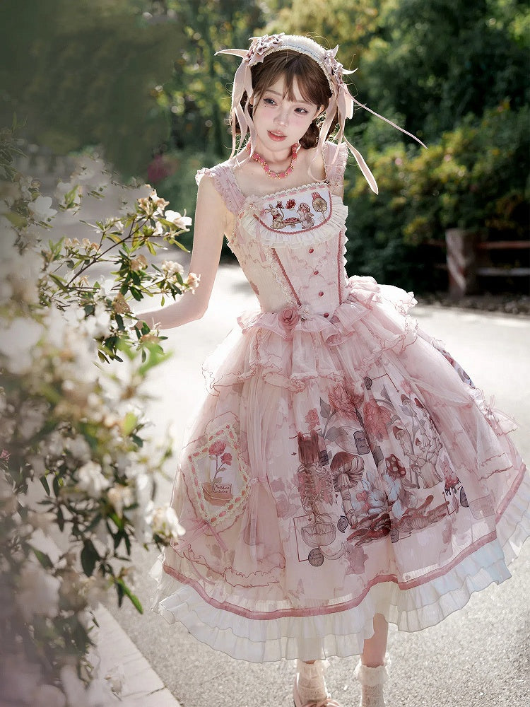 ピンクのバニーバスクウエストマッシュルームスカートプリンセスとジャンパーロリータプリント