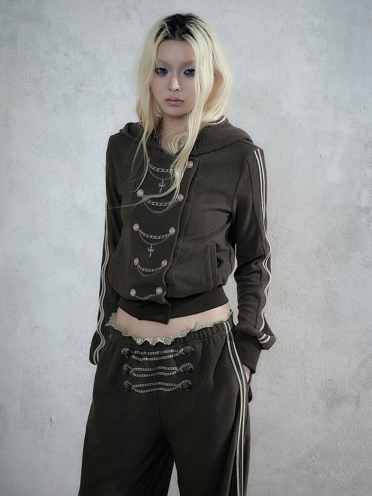 Khaki Green Double-Breasted Hooded Jacket with Chain Embroidery Details, Punk Fashion - NO ROMANCE