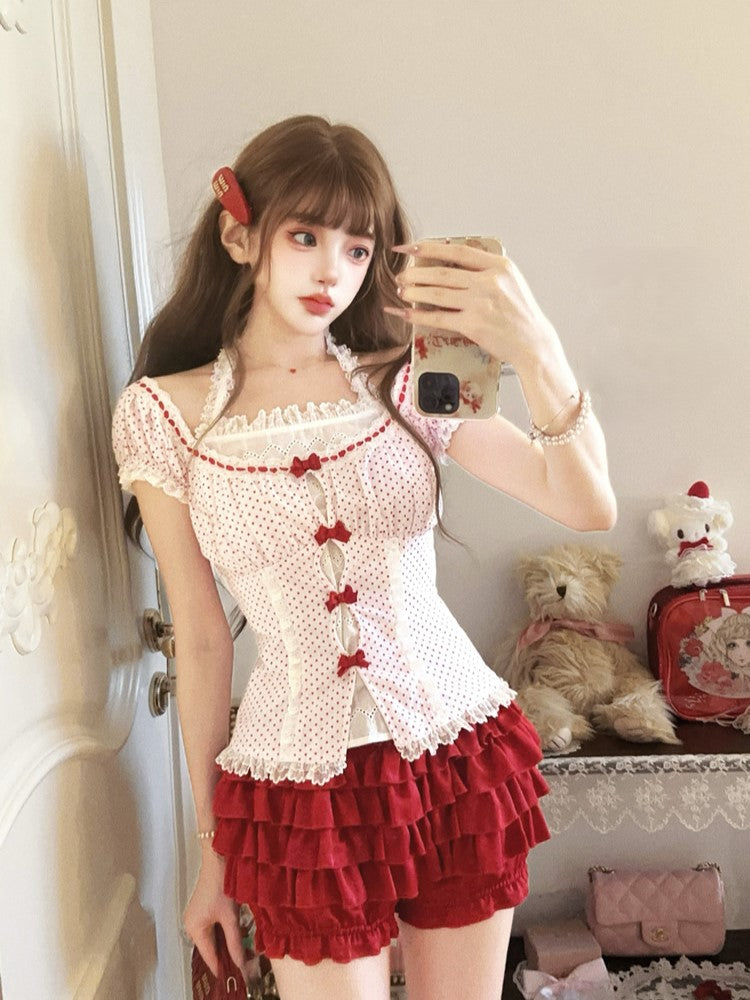 Top Bow Halter Accents Red With Lace Sleeves Puff Polka-dot