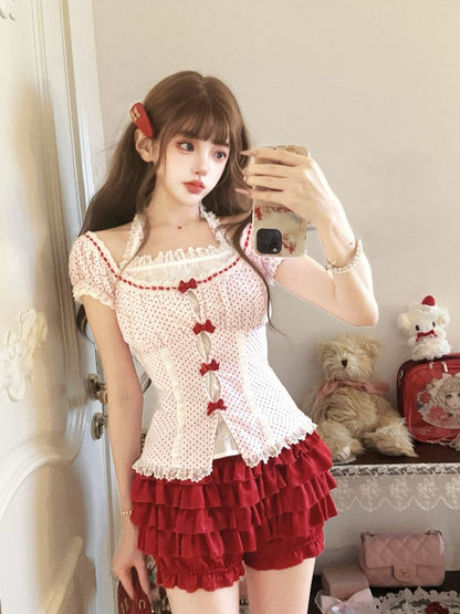 Top Bow Halter Accents Red With Lace Sleeves Puff Polka-dot