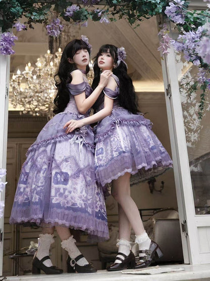 Skirt Elegant Purple and Classic Butterfly Top Waist Corset + Floral Boned Set Lolita Print