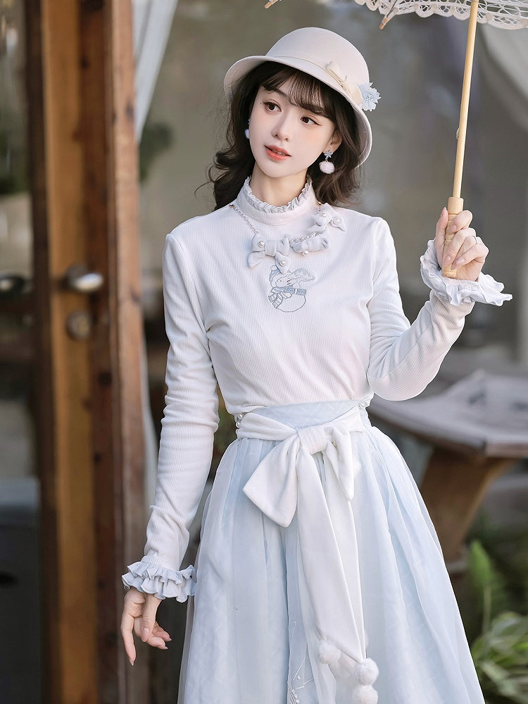 Embroidered Lolita Skirt Winter Set Snowman Blue White Coat Top Elegant + Knitted Castle