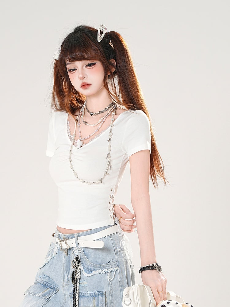 Slim-fitting V-neck Lace Trim Lace-up White/Black T-shirt Side