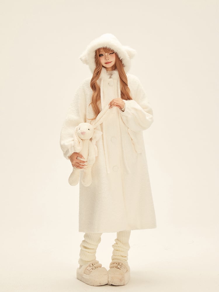 Bow-Accented Hood White Coat with Cat Pockets Mid-Length Ear