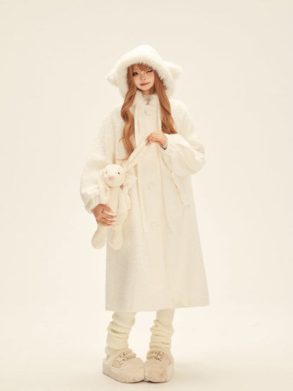 Bow-Accented Hood White Coat with Cat Pockets Mid-Length Ear