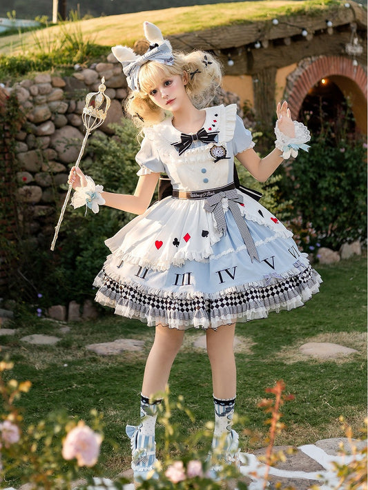 Peter in Vibes Lolita Collar Blue Alice Apron Sweet Pan + Wonderland White Dress