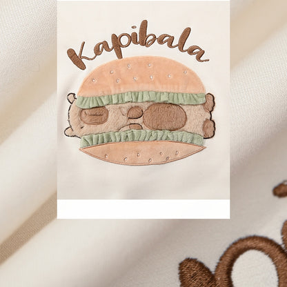 Süße Capybara Burger Applikation Beige Dickes Sweatshirt