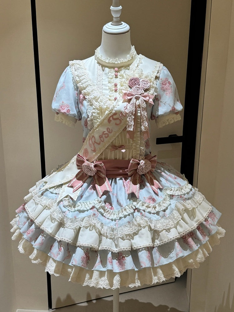 Blue Floral Short Sleeve OP Dress with Bows - Sweet Dream Box