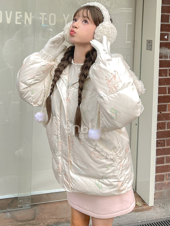 Süße weiße Daunenjacke mit Kapuze und Lamm-Print, kurze/lange Version