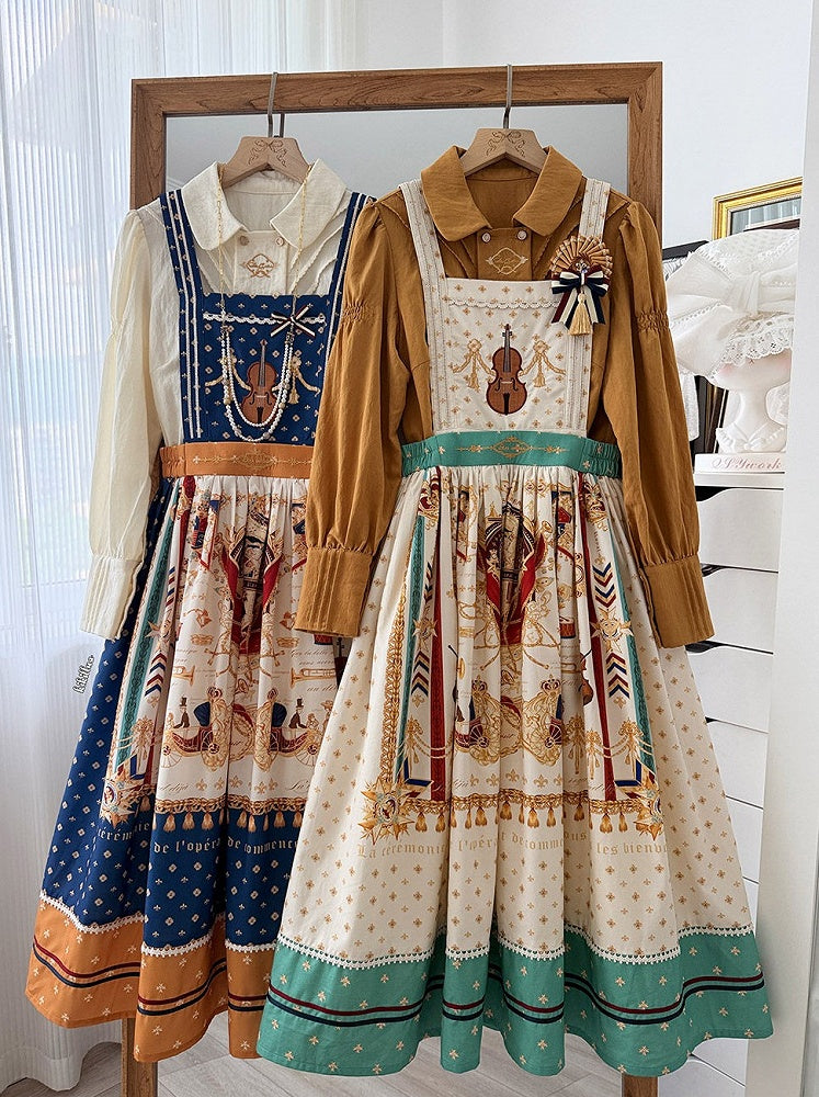 White Musical Print Overall Dress with Detachable Straps - Crucis Universal Tailor Company