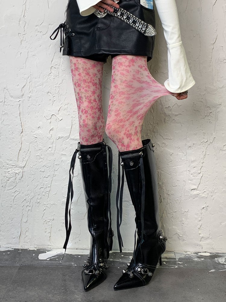 Y2K Rose Red Floral Print Tights