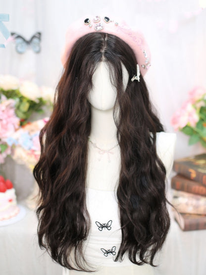 Black Tea Under Bust Length 65-70CM Wavy Wig with Curtain Bangs